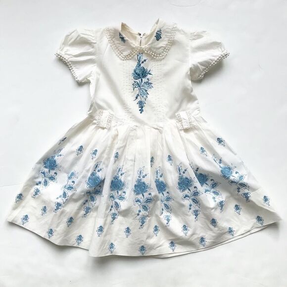 Vintage blue embroidered collar dress fits 5/6T - Picture 1 of 11